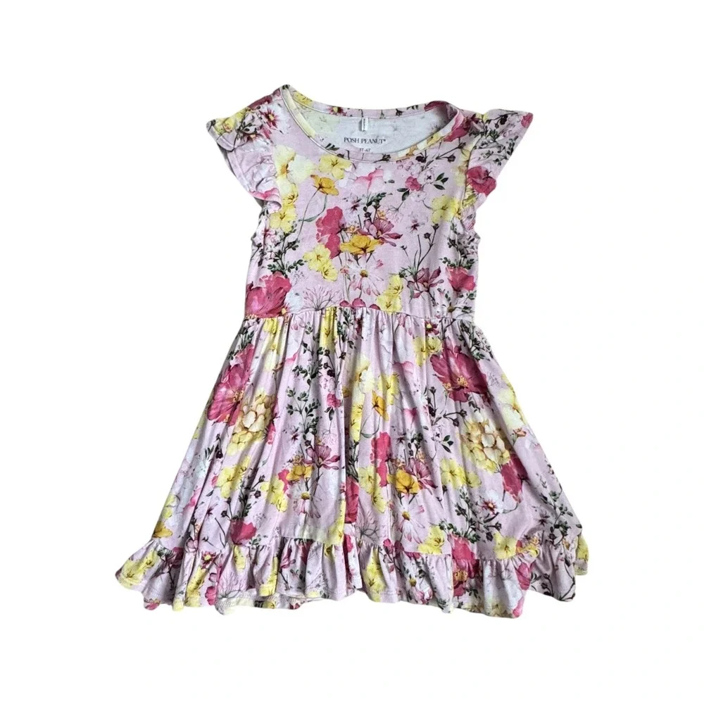Posh Peanut‎ Gaia Cap Sleeve Ruffled Twirl Dress Pink Floral Bamboo 3T-4T